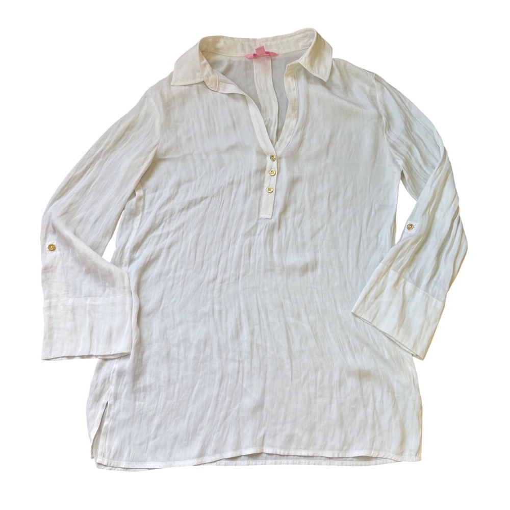 Lilly Pulitzer Tunic Top Women XS White Good Gold Button Roll Tab Coastal
